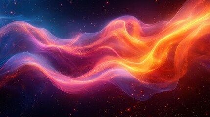 Obraz premium A vibrant abstract design featuring flowing waves of color, blending shades of orange, pink, and blue against a dark background, evoking energy and motion.