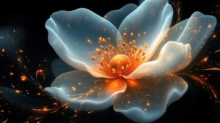 A stunning translucent flower with glowing petals and sparkling accents, set against a dark background, creating a magical and ethereal effect.