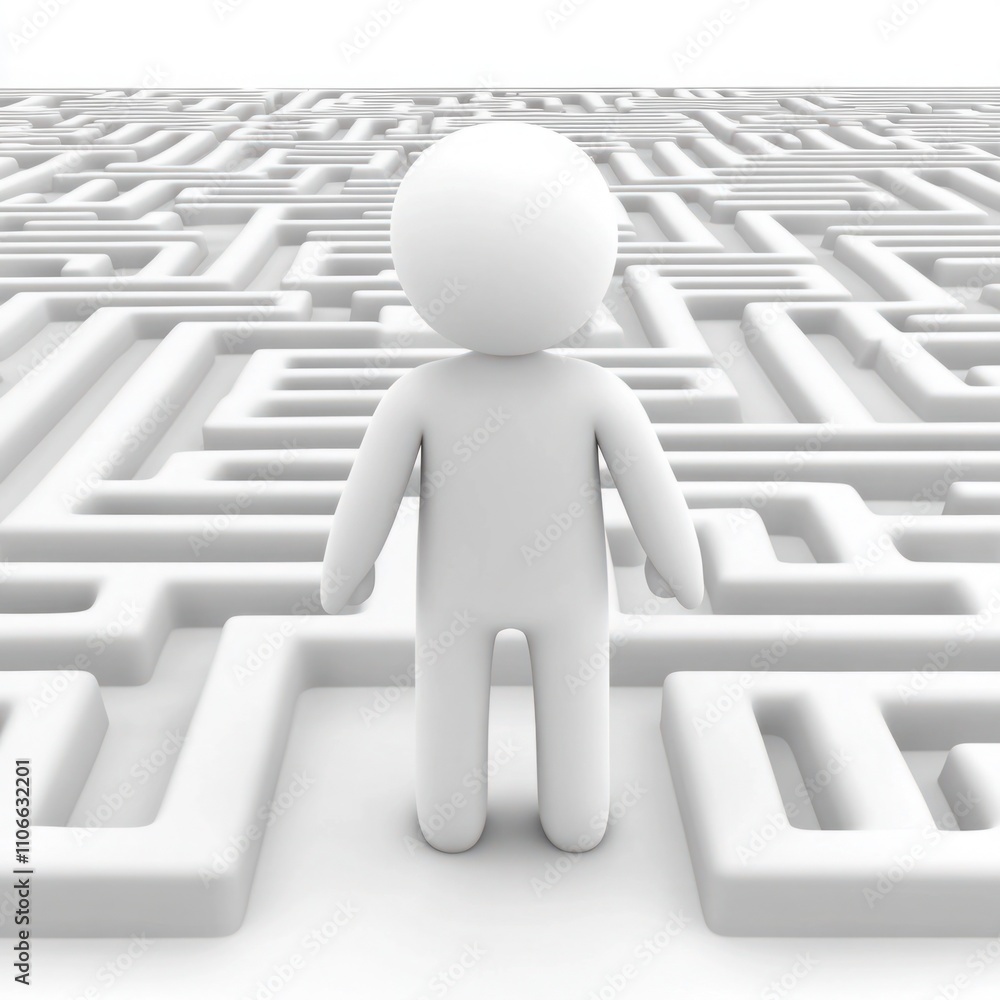 Poster minimalistic 3d representation of a figure navigating a complex labyrinth design, symbolizing life c
