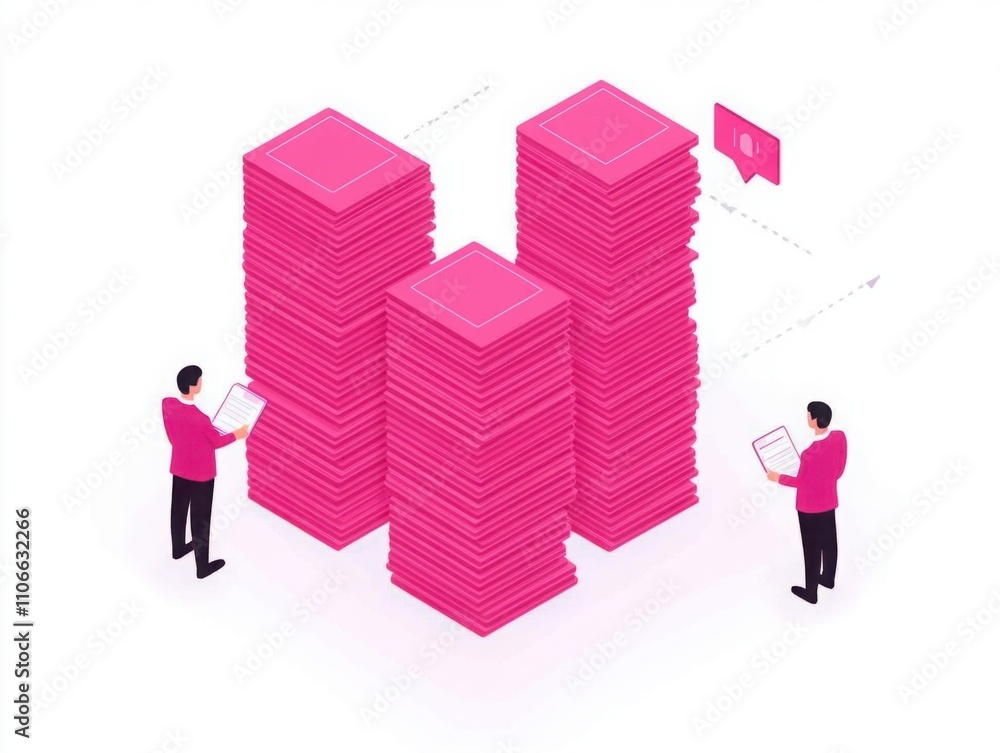 Poster two business professionals analyzing data and managing stacks of colorful pink documents in a modern
