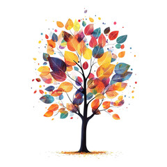 A tree with vibrant multi-colored leaves, creative design, abstract art style, bold and playful, isolated on white background.