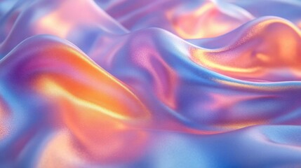 A close-up view of iridescent, flowing fabric with a blend of soft purple, pink, and orange hues, creating a dreamlike, textured appearance.