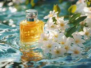 A perfume bottle with jasmine flowers on water in yellow and sapphire evokes serenity and grandeur 