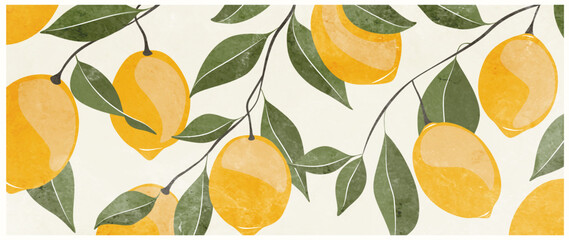 Abstract art background with hand drawn lemon tree in watercolor style. Botanical banner with citrus fruits and lemon leaves for wallpaper, print, poster, textile, interior.