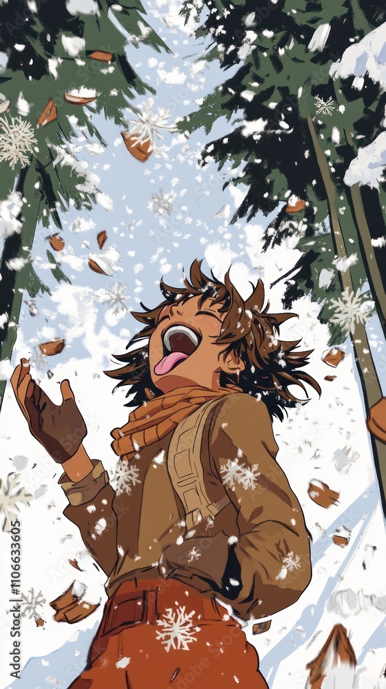 Poster a joyful character enjoying falling snow and autumn leaves in a forest setting.