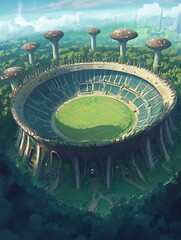 Fantasy Stadium Built from Giant Mushrooms in a Lush Forest.