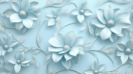 A delicate, embossed floral pattern on a powder blue background, featuring large stylized blooms that resemble wildflowers. 