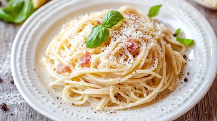 A mouthwatering plate of spaghetti carbonara with crispy pancetta, tossed in a creamy egg sauce with grated Parmesan cheese, Carbonara plate centered