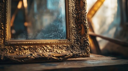 A vintage baroque-style frame with ornate gold leaf detailing, filled with intricate patterns and floral motifs. The frame is placed on a wooden table, bathed in soft, warm light