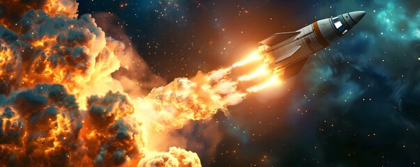 Rocket Ascending Through Fiery Cosmic Clouds