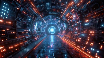 Futuristic glowing tunnel with orange and blue lights.