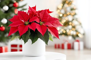 A stylish Christmas interior featuring a red poinsettia