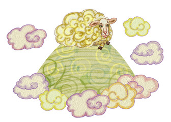 Yellow old sheep is resting on a hill surrounded by clouds. Can be used for children's book illustrations, educational materials, nursery decor, or as cute character for mobile app or sticker design.