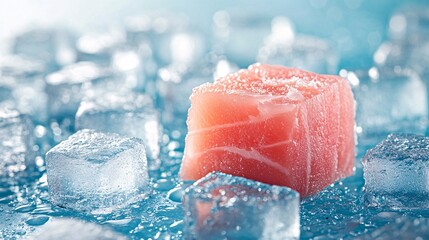 A piece of raw tuna meat spread on a pile of square ice cubes, blue background, 