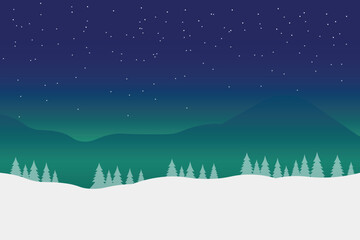 SImple winter landscape background. Vector illustration of winter season. Snow hill, mountains, and pine forest background. Winter snowed background.