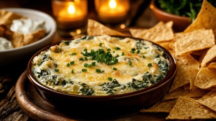 A plate of cheesy spinach and artichoke dip served with tortilla chips, Dip on plate, Soft diffused lighting accentuating the creamy texture