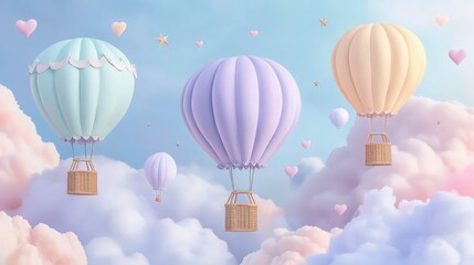 A pastel fantasy scene with soft-hued hot air balloons drifting among fluffy, light-as-air clouds.  