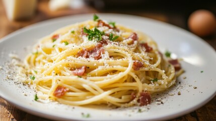 A plate of classic spaghetti carbonara with crispy pancetta, egg yolks, and grated Parmesan cheese