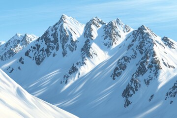 Snow-covered mountain peaks under a clear blue sky, showcasing natural beauty and tranquility.