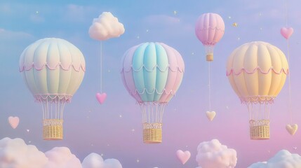 Fototapeta premium A serene, fantastical sky adorned with pastel-colored hot air balloons in shades of pink, lavender, baby blue, and pale yellow. 