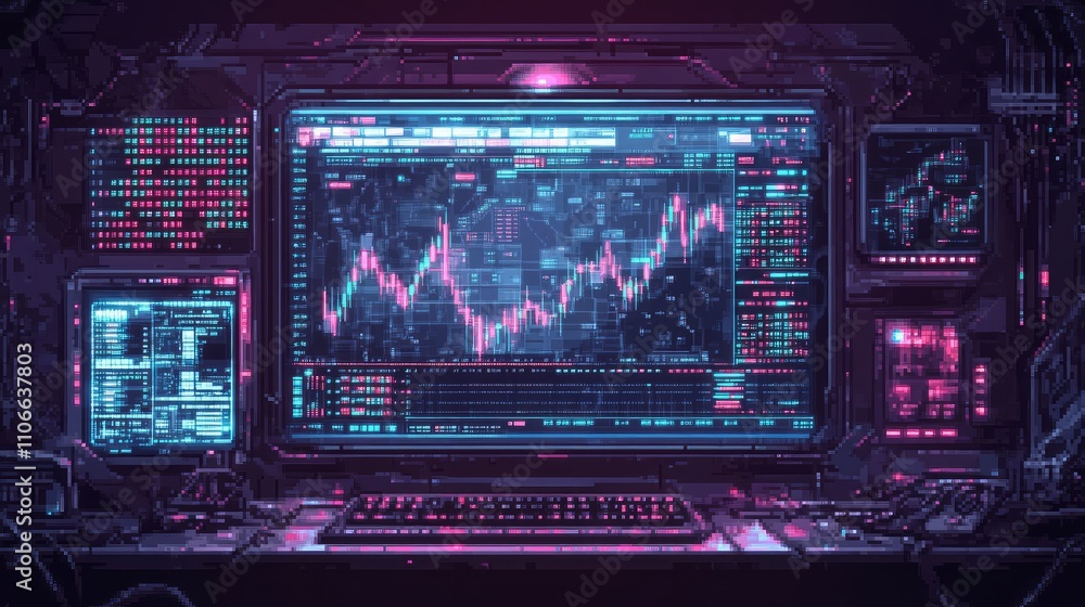 Poster futuristic cyberpunk trading desk with colorful graphs and data