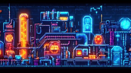 Neon Industrial Factory with Pipes and Bright Light Effects