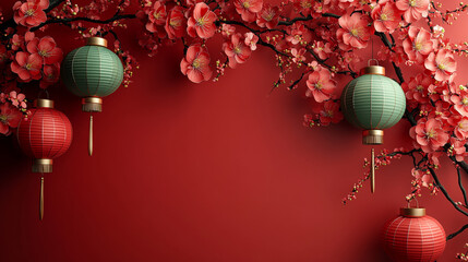 Red flowers and lanterns on a red background. Festive, vibrant, and perfect for holiday designs, Chinese New Year, or celebratory occasions. Generated AI
