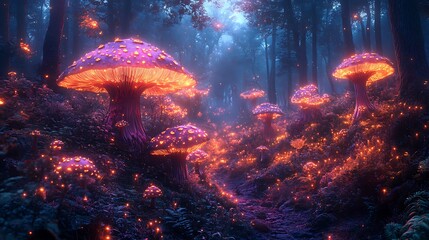 Fototapeta premium Enchanted forest filled with luminous psychedelic fungi and surreal light