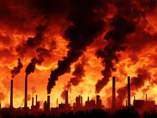 Obraz premium Dramatic Evening Sky Illuminated by Fiery Sunset Behind Industrial Chimneys Releasing Thick Black Smoke Amidst an Urban Landscape