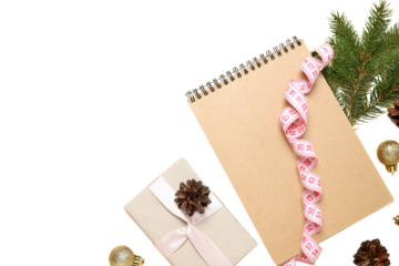 PNG, Sports new year, notebook with centimeter tape, isolated on white background.