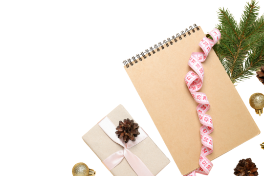 PNG, Sports new year, notebook with centimeter tape, isolated on white background.