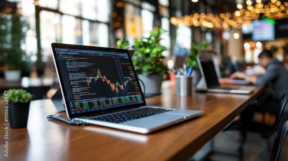 Aufkleber modern laptop displaying stock market data on a wooden table in a bright and stylish cafe with soft 