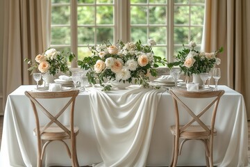 elegant dining table draped with a pristine white tablecloth, cut out for emphasis, conveying sophistication and style, perfect for settings of celebration and fine dining experiences