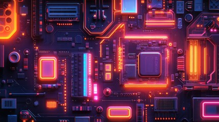 Fototapeta premium Futuristic Circuit Board with Neon Lights and Vibrant Colors