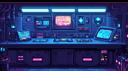 Futuristic Control Room with Neon Lights and High-Tech Displays