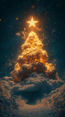 Obraz premium Make a merry Christmas card. Christmas tree made of clouds, fox and Santa, snowman and gifts, winter village, snowy landscape, little prince and rose.