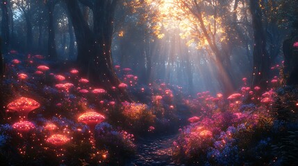 Psychedelic forest filled with glowing fungi and radiant light beams