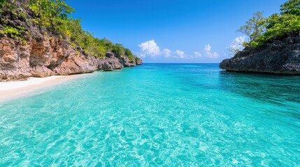 Fototapeta premium Serene Tropical Beach with Crystal Clear Water and Lush Greenery