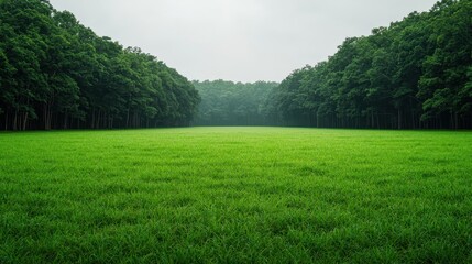 Obraz premium Lush Green Meadow Surrounded by Forest Under Gray Sky