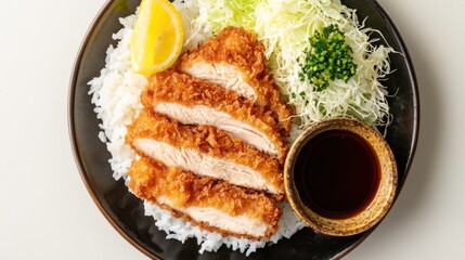 A plate of crispy chicken katsu served with steamed rice, shredded cabbage, and a side of tangy tonkatsu sauce