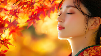 Fototapeta premium Serene Asian woman with eyes closed beneath vibrant autumn maple leaves, emanating tranquility against a warm golden background.