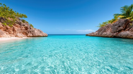 Fototapeta premium Serene Tropical Cove with Crystal Clear Water and Rocky Shores