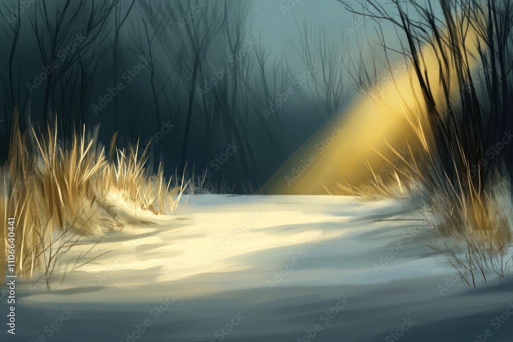 Poster a serene winter landscape with soft light illuminating a snowy path and surrounding trees.