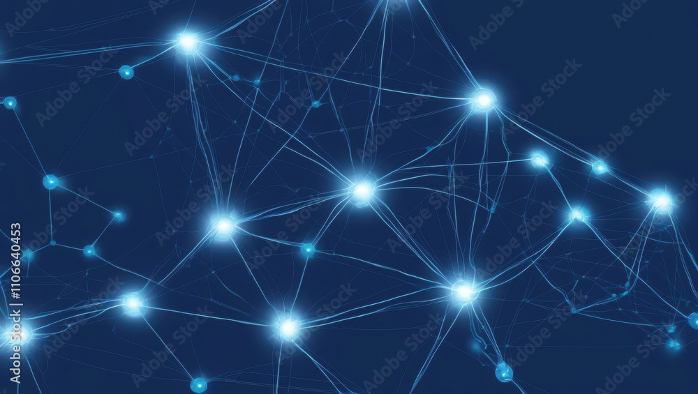 Poster neural network visualization in dynamic motion with glowing nodes and deep blue tones creates captiv