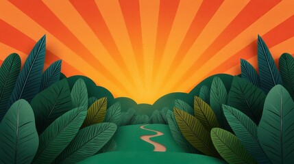 Serene Landscape with Vibrant Sunburst and Lush Green Foliage