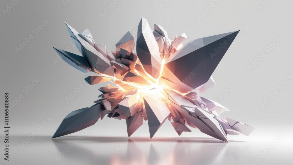 Poster abstract representation of digital transformation with fragmented polygons morphing into glowing lig