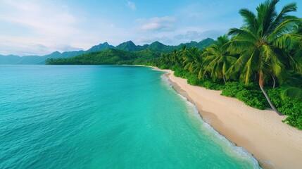 Naklejka premium Serene Tropical Beach with Crystal Clear Water and Lush Greenery