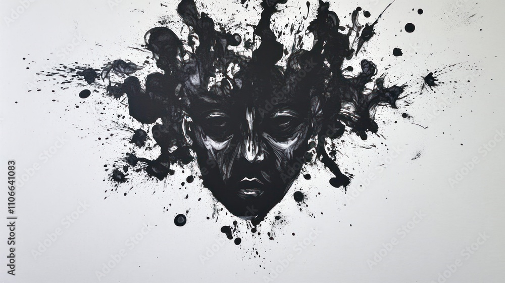 Poster a monochromatic abstract portrait with ink splashes, evoking emotion and introspection.