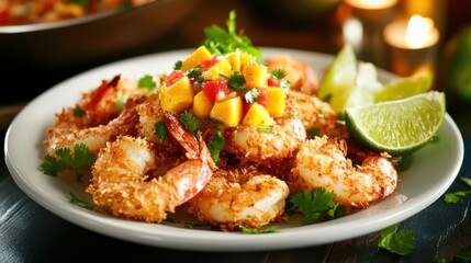 A plate of crispy coconut shrimp served with a tangy mango salsa and lime wedges, Coconut shrimp plate centered, Warm candlelight creating a tropical ambiance