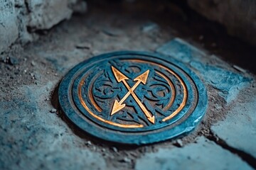 A gothic-style circular arrow design etched into dark stone, surrounded by faint glowing symbols in a moody atmosphere